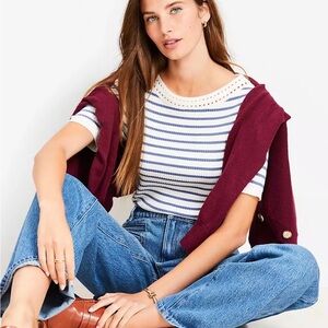 NWT LOFT Knit Striped Blue and White Top with crochet neckline